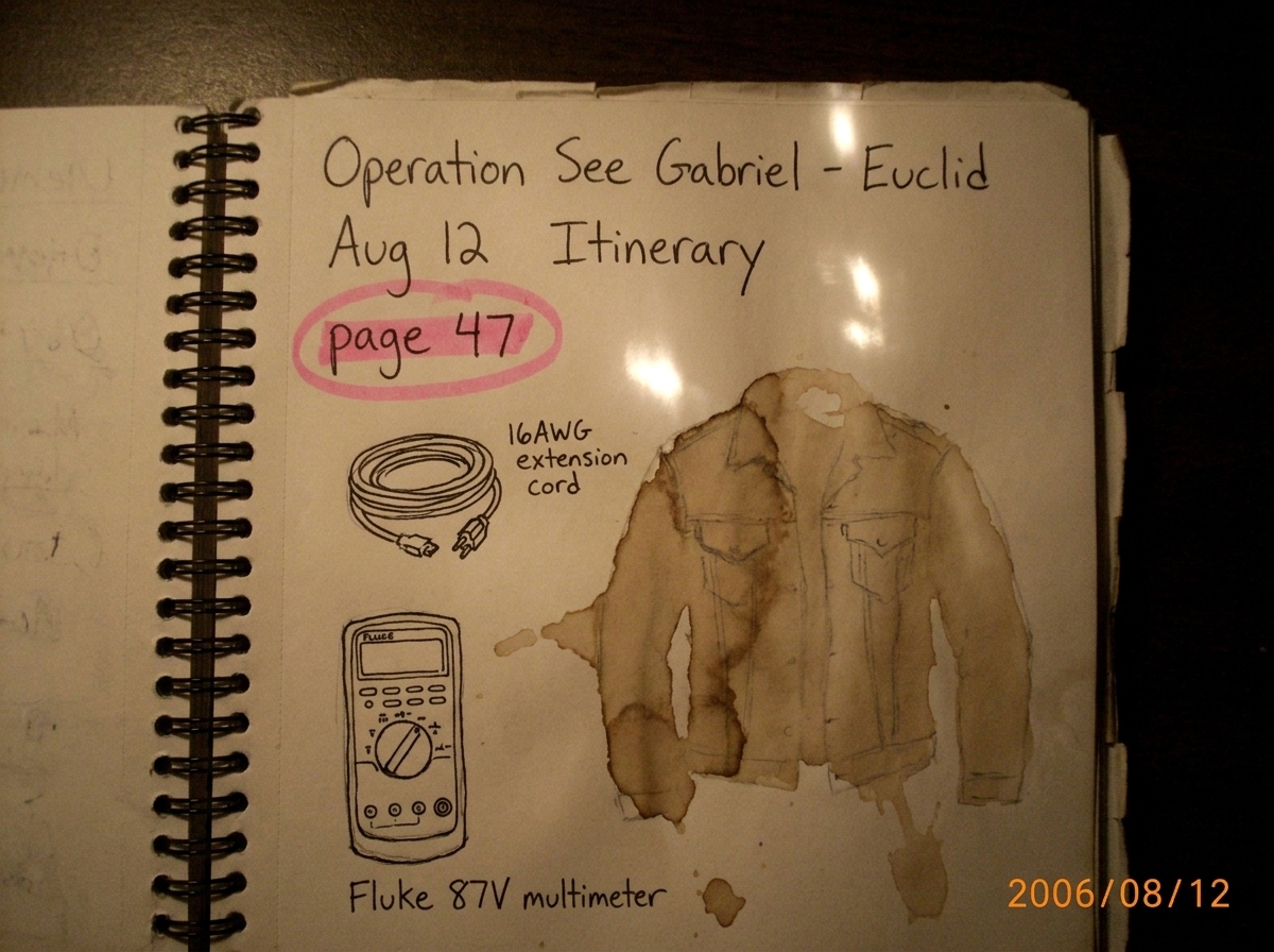 A spiral-bound notebook page titled 'Operation See Gabriel - Euclid Aug 12 Itinerary' with page 47 circled in pink highlighter, a tiny 16AWG extension cord doodle, and a Fluke 87V drawn next to a coffee stain shaped like a denim jacket