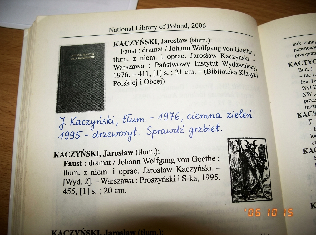 A spread from a Polish National Library catalog, showing the entry for Kaczyński's 1976 translation of Doctor Faustus. The dark green cloth binding is visible in a small black-and-white thumbnail, with the gilt lettering catching light. Next to it, the 1995 reissue entry shows a woodcut of Mephistop