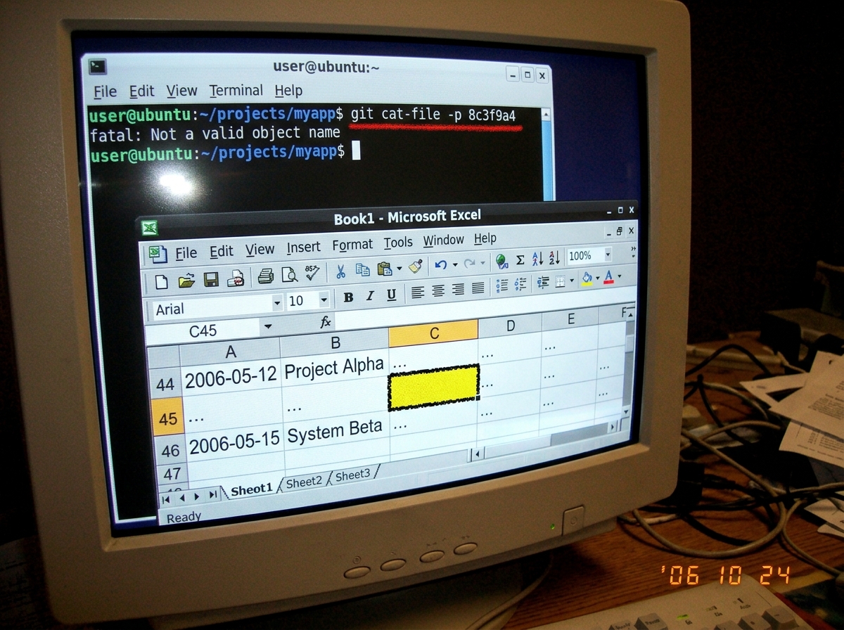 A screenshot of a terminal window showing 'git cat-file -p 8c3f9a4' returning 'fatal: Not a valid object name' on a dark background, with the commit hash underlined in red. Below it, a spreadsheet screenshot showing row 45 with a blank cell highlighted in yellow.