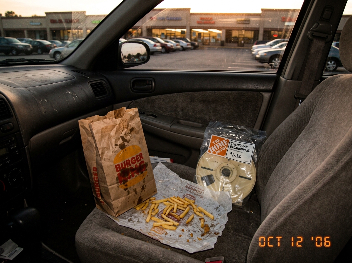 A fast-food paper bag on a passenger seat, greasy fries scattered on the wrapper, a sunset reflecting off a strip mall windshield in the background, a ceiling fan balancing kit visible on the dashboard
