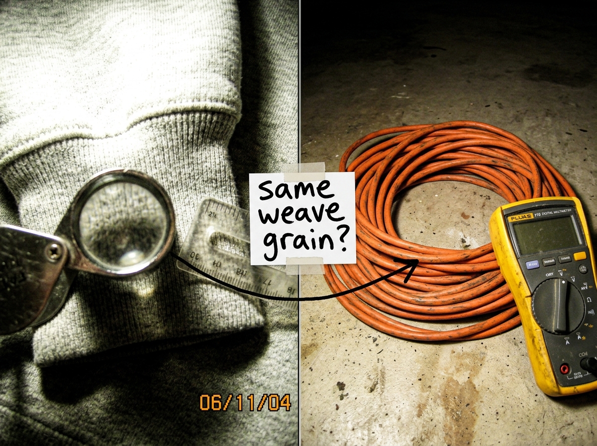 A side-by-side comparison photo: on the left, a close-up of a gray hoodie cuff with a loupe showing 47 threads per inch and a ruler. On the right, a 16AWG extension cord coiled on a concrete floor next to a Fluke multimeter, with a handwritten note saying 'same weave grain?' and an arrow drawn betwe