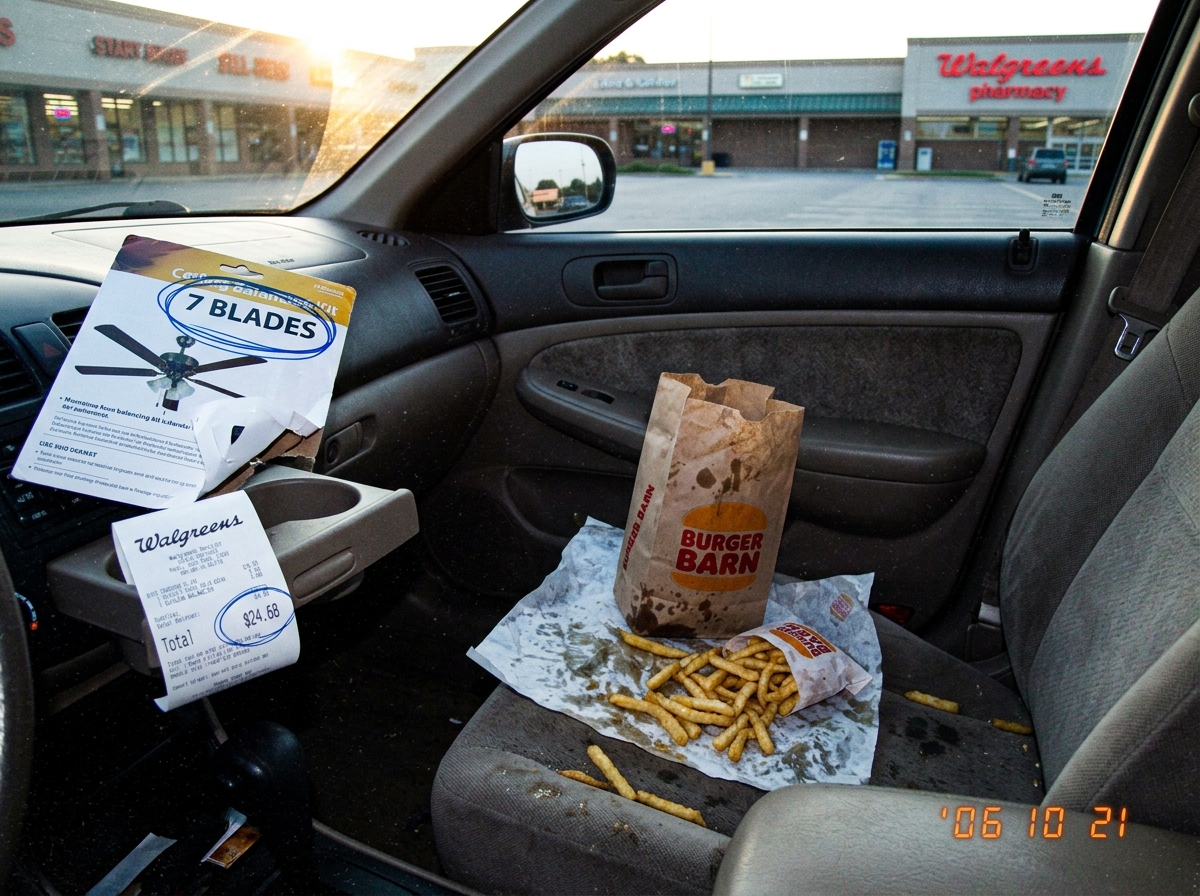 A fast-food paper bag on a passenger seat, greasy fries scattered on the wrapper, a sunset reflecting off a strip mall windshield in the background, a ceiling fan balancing kit visible on the dashboard with '7 BLADES' circled in pen, a Walgreens receipt tucked under the cupholder with the total circ