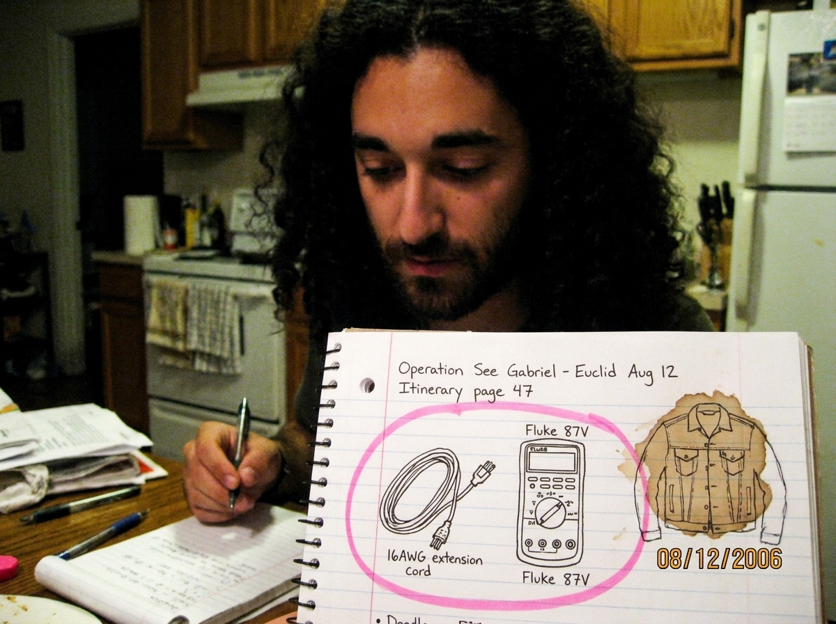 A photo of a pink highlighter-circled notebook page showing an 16AWG extension cord doodle next to a Fluke 87V drawing, titled 'Operation See Gabriel - Euclid Aug 12 Itinerary page 47', with a coffee stain shaped like a denim jacket in the corner