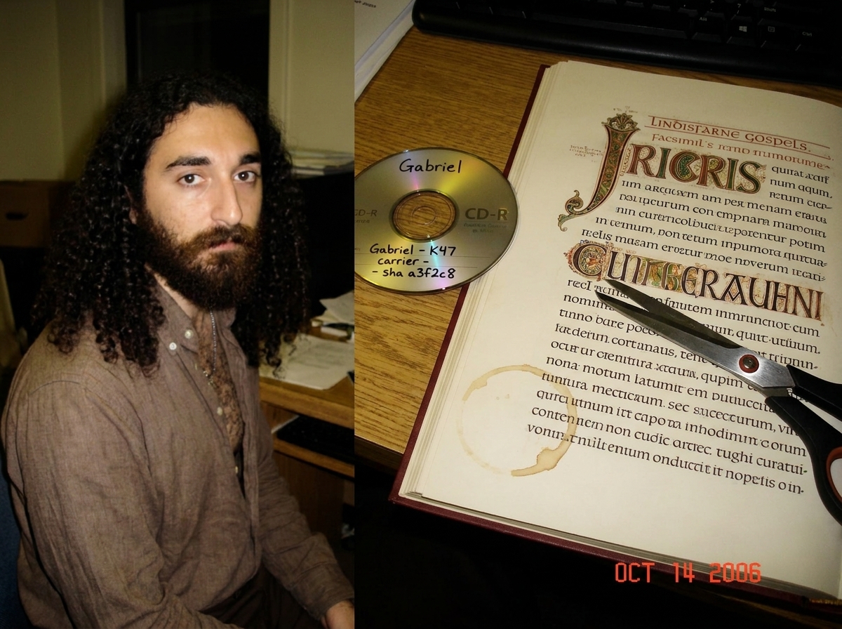 A CD-R disc with handwritten label reading 'Gabriel - K47 carrier - sha a3f2c8' lying on a scratched wooden desk next to a Lindisfarne Gospels facsimile page open to Latin text. A coffee mug ring stains the margin. A pair of scissors lies across the page with the blades slightly open, positioned nea