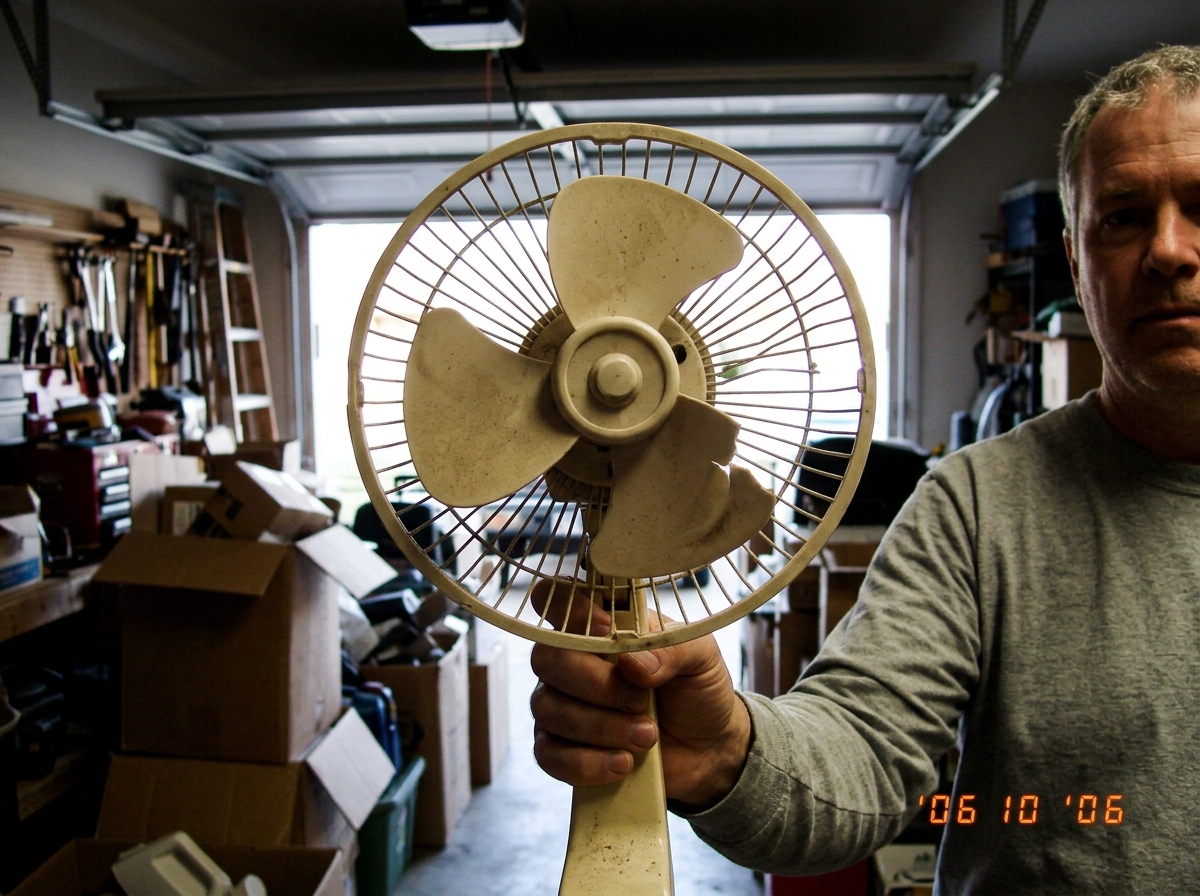 A handheld fan with a broken cage and missing one blade, held aloft by a middle-aged man's hand in a cluttered garage. The fan is dusty beige plastic, one blade snapped off, the wire cage bent outward. Sunlight streams through an open garage door onto boxes and shelving.