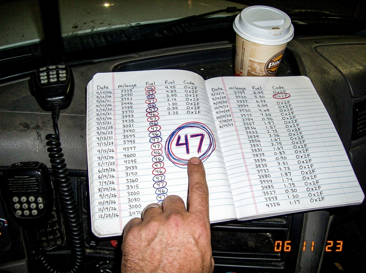 A notebook page open on a truck dashboard, covered in handwritten numbers arranged in columns. The numbers 46, 47, and 0x2F are circled repeatedly in different colors. A truck stop coffee cup sits in the corner and a CB radio mic is visible at the edge of the photo. A hand is pointing to a large cir
