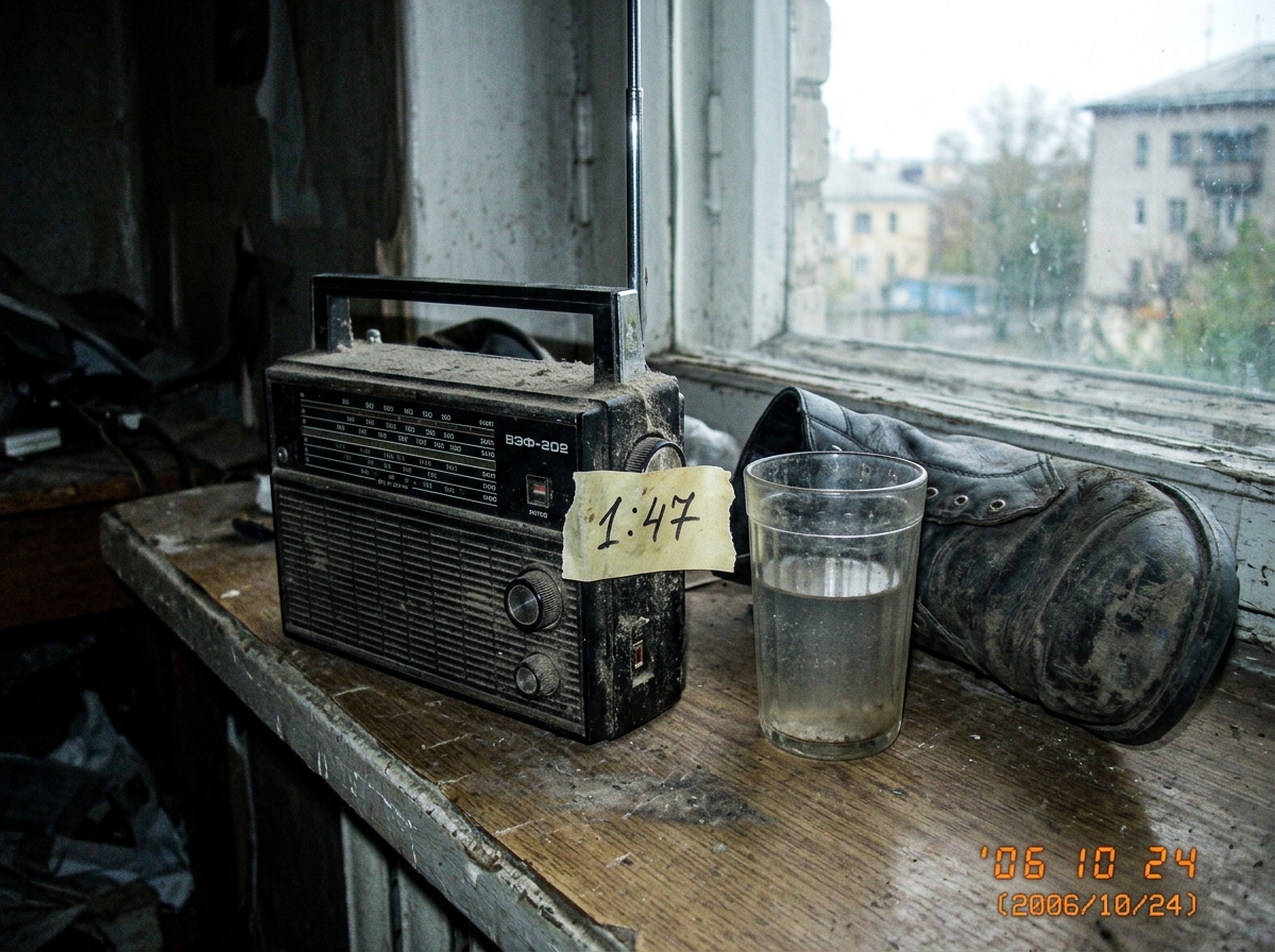 A grainy phone photo of a small Soviet-era radio on a windowsill, covered in dust, with a handwritten note taped to the side reading '1:47' in Cyrillic, next to a half-empty glass of water and a single old boot. The lighting is flat, taken in a dim room.