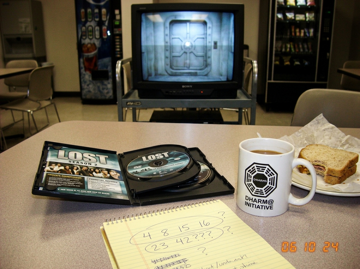 A DVD case for Lost Season 2 lying open on a break room table next to a half-eaten sandwich and a coffee mug. A notepad nearby has the numbers 4 8 15 16 23 42 written in messy handwriting with question marks around them. A TV on a cart in the background shows a paused frame of the hatch door.