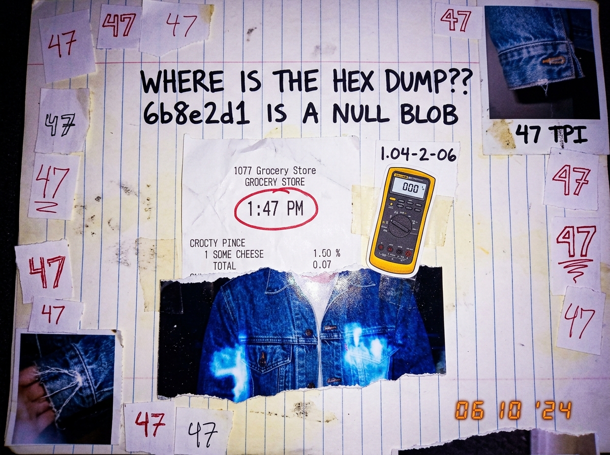Fan art shrine collage on notebook paper: a cheese receipt in the center with '1:47' circled in red pen, a tiny Fluke 87V multimeter icon with '1.04-2-06' scribbled above it, a torn photo of a denim jacket glowing blue, and the words 'WHERE IS THE HEX DUMP?? 6b8e2d1 IS A NULL BLOB' written in marker
