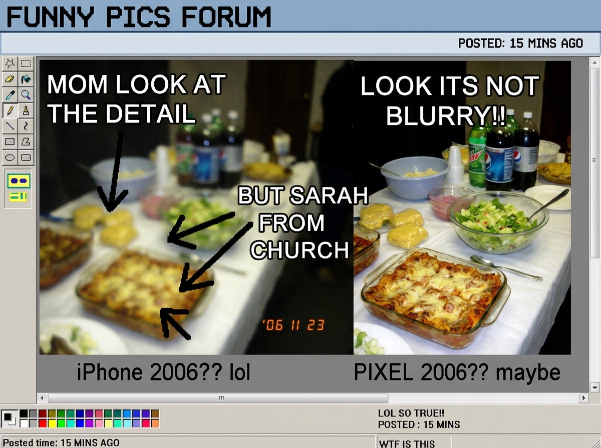 A hastily photoshopped meme comparing a blurry iPhone photo of a potluck table to a crisp Pixel photo of the same table, with text 'MOM LOOK AT THE DETAIL' and 'BUT SARAH FROM CHURCH' arrows pointing at the blurry one. Badly pixelated, classic 2006 MSPaint energy.