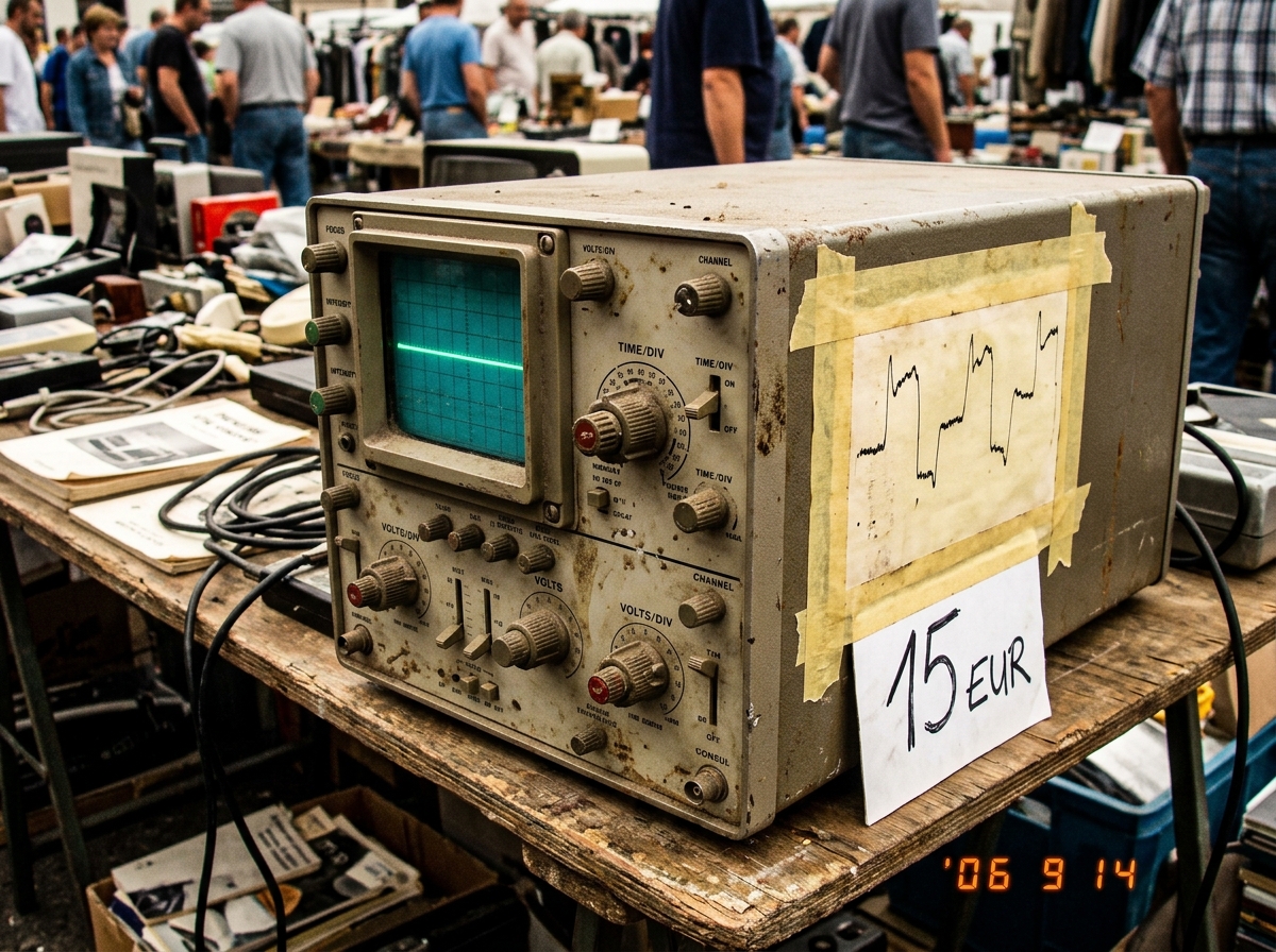 photograph of a dusty 1970s analog oscilloscope on a wooden flea market table, a yellowed paper taped to its side shows a crude waveform printout, price tag reads 15EUR in marker