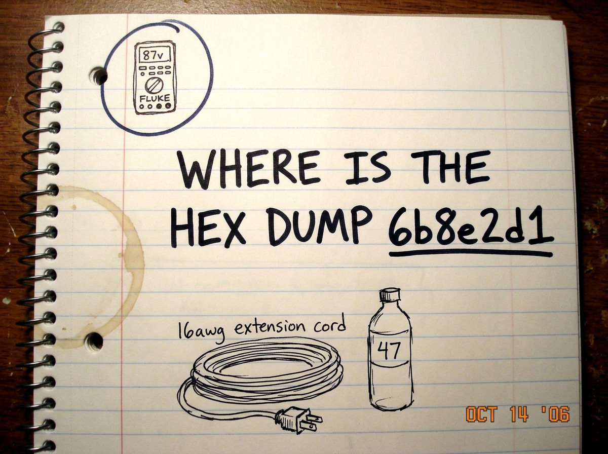 Photo of a spiral-bound notebook page: top corner circled with a tiny hand drawn Fluke 87V, center has 'WHERE IS THE HEX DUMP 6b8e2d1' in marker, bottom shows a rough sketch of a 16awg extension cord coiled next to a water bottle labeled '47', coffee ring stain on left edge