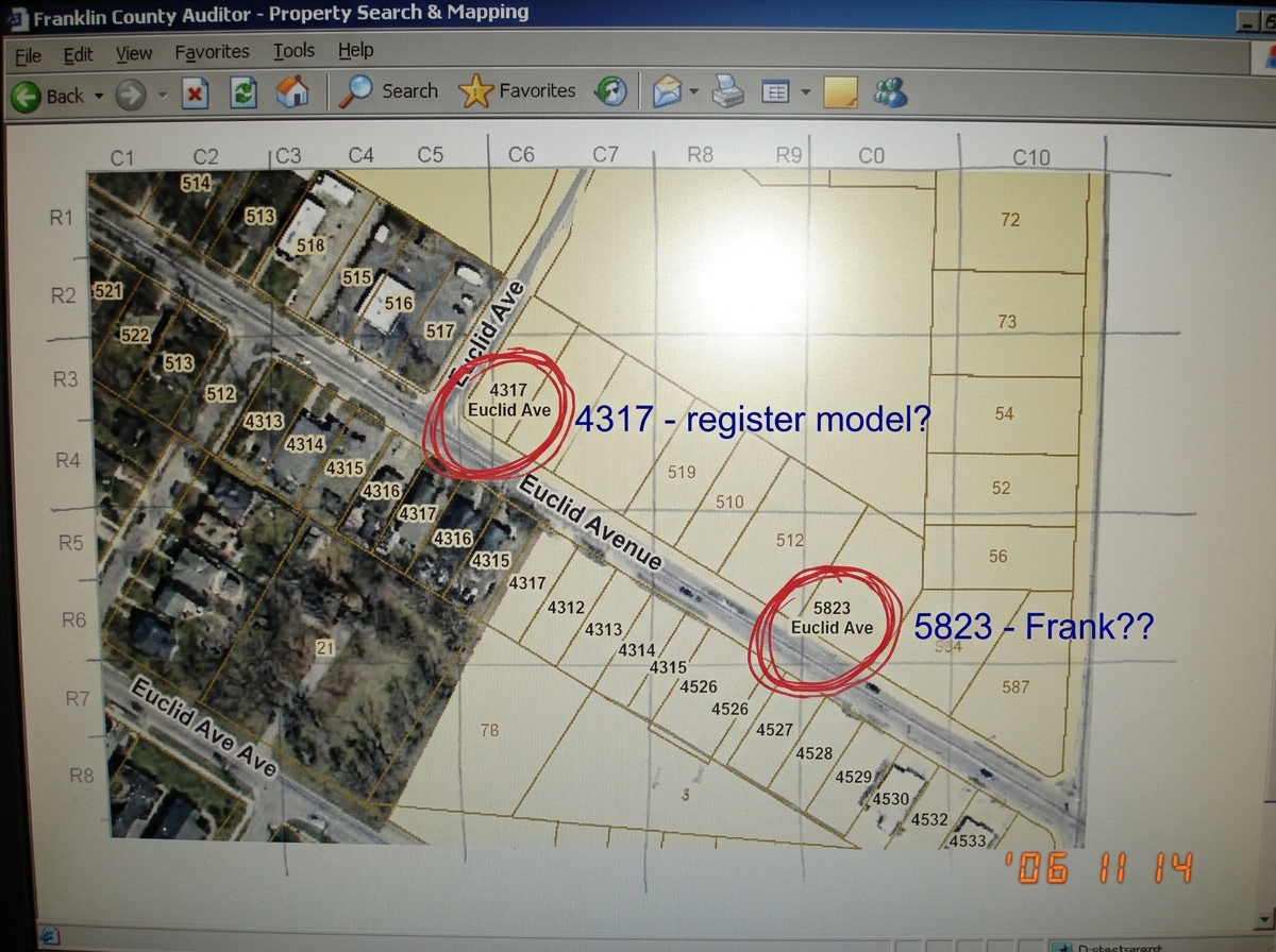 Franklin County auditor parcel map screenshot showing Euclid Avenue with two 7-11 locations circled in red: 4317 Euclid Ave and 5823 Euclid Ave. The map has handwritten annotations in blue pen: '4317 - register model?' and '5823 - Frank??' and a small grid overlay in pencil with row/column numbers i