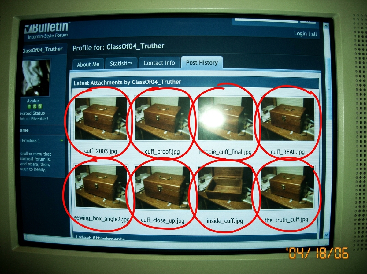 A screenshot of ClassOf04_Truther's forum profile showing their post history - eight identical thumbnails of the same sewing box photo with slightly different file names like 'cuff_2003.jpg', 'cuff_proof.jpg', 'hoodie_cuff_final.jpg', 'cuff_REAL.jpg', 'sewing_box_angle2.jpg'. Highlighted in red circ