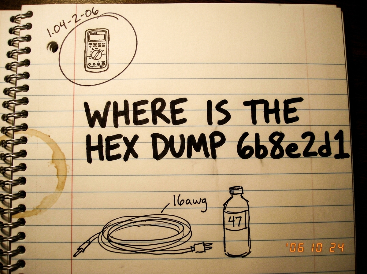 Photo of a spiral-bound notebook page: top corner circled with a tiny hand drawn Fluke 87V with '1.04-2-06' scribbled above it, center has 'WHERE IS THE HEX DUMP 6b8e2d1' in marker, bottom shows a rough sketch of a 16awg extension cord coiled next to a water bottle labeled '47', coffee ring stain on