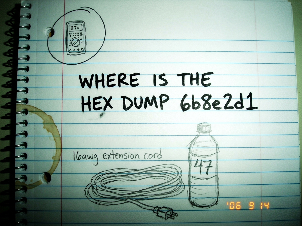 Photo of spiral-bound notebook page: top corner circled with tiny hand-drawn Fluke 87V, center has 'WHERE IS THE HEX DUMP 6b8e2d1' in marker, bottom shows rough sketch of 16awg extension cord coiled next to water bottle labeled '47', coffee ring stain on left edge