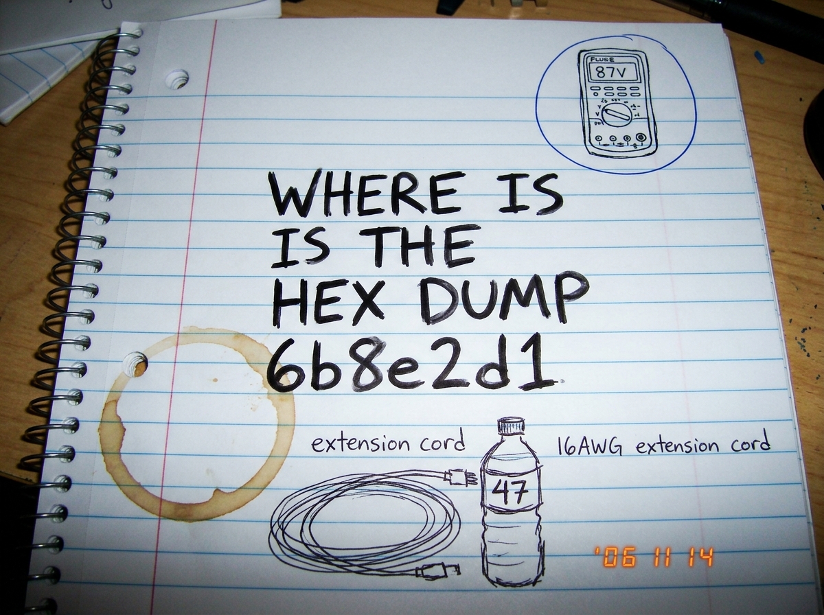 Photo of spiral-bound notebook page: top corner circled with tiny hand-drawn Fluke 87V, center has 'WHERE IS THE HEX DUMP 6b8e2d1' in marker, bottom shows rough sketch of 16awg extension cord coiled next to water bottle labeled '47', coffee ring stain on left edge
