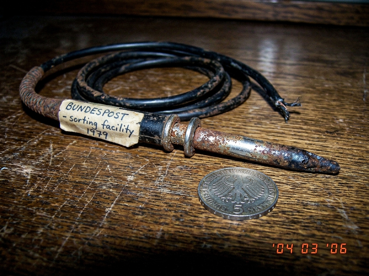 A close-up photograph of a rusty oscilloscope probe tip resting on a wooden table next to a German 5-mark coin for scale. The probe is clearly disconnected from the scope. A handwritten label on the probe cable reads 'BUNDESPOST - sorting facility 1979' in faded ink.
