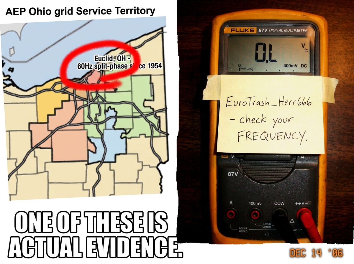 A crudely photoshopped image: on the left, a screenshot of an AEP Ohio grid service territory map with 'Euclid, OH - 60Hz split-phase since 1954' circled in red. On the right, a Fluke 87V display photo showing OL on 400mV DC range with a sticky note reading 'EuroTrash_Herr666 - check your FREQUENCY.