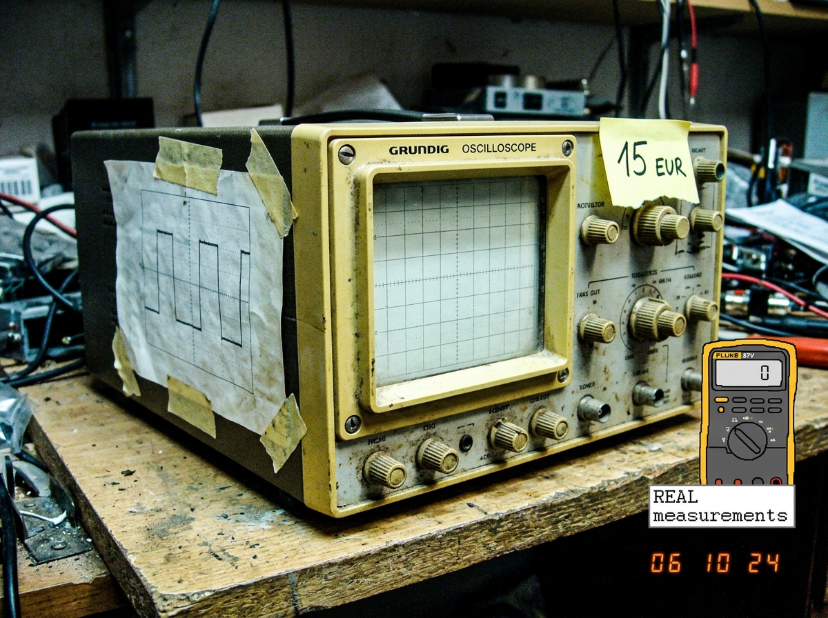 A photo of a yellowed 1977 Grundig oscilloscope with a price tag reading 15EUR, a printed waveform taped to its side, and a hand-drawn Fluke 87V icon in the corner labeled 'REAL measurements'