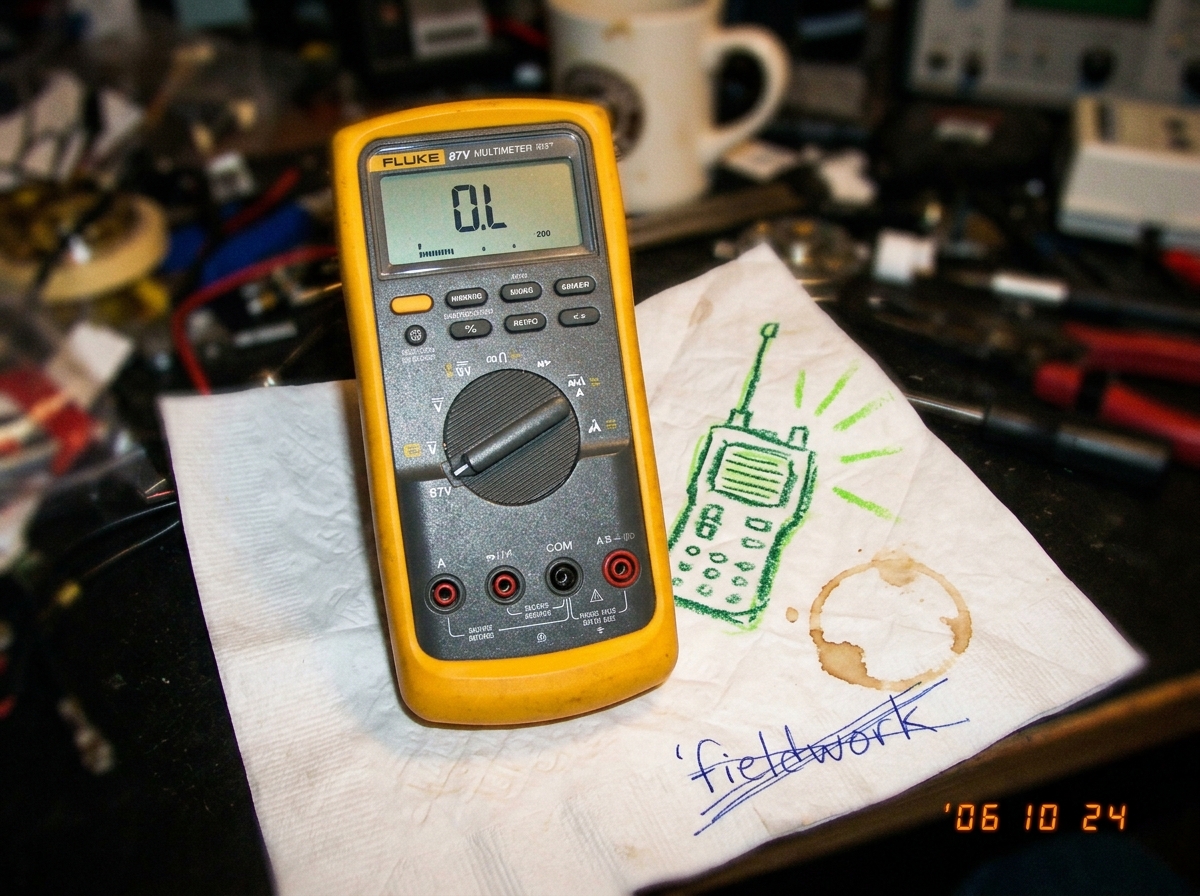 A blurry phone photo of a Fluke 87V multimeter sitting on a napkin. The napkin has a crude crayon drawing of a walkie-talkie with glowing green lines. The meter display reads OL. A coffee ring stains the corner of the napkin next to the word 'fieldwork' crossed out in pen.