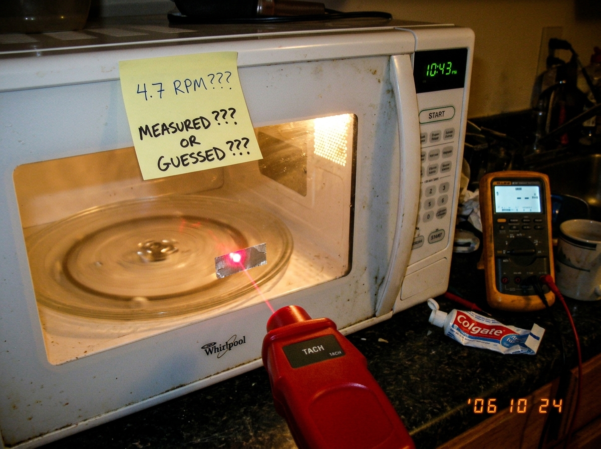 A blurry photo of a microwave turntable with a laser tachometer (the cheap red dot kind) shining at a piece of reflective tape stuck to the glass plate. A handwritten sticky note on the microwave door reads '4.7 RPM??? MEASURED ??? OR GUESSED ???' in two different handwriting styles - one neat, one 