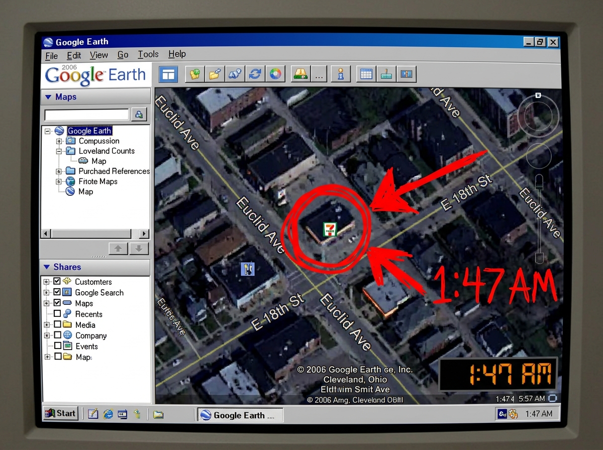 A screenshot of a Google Earth view of Euclid Avenue at night with a red circle drawn around a 7-Eleven and a hand-drawn arrow pointing to it with '1:47 AM' written in red marker. The timestamp in the corner reads 1:47 AM.