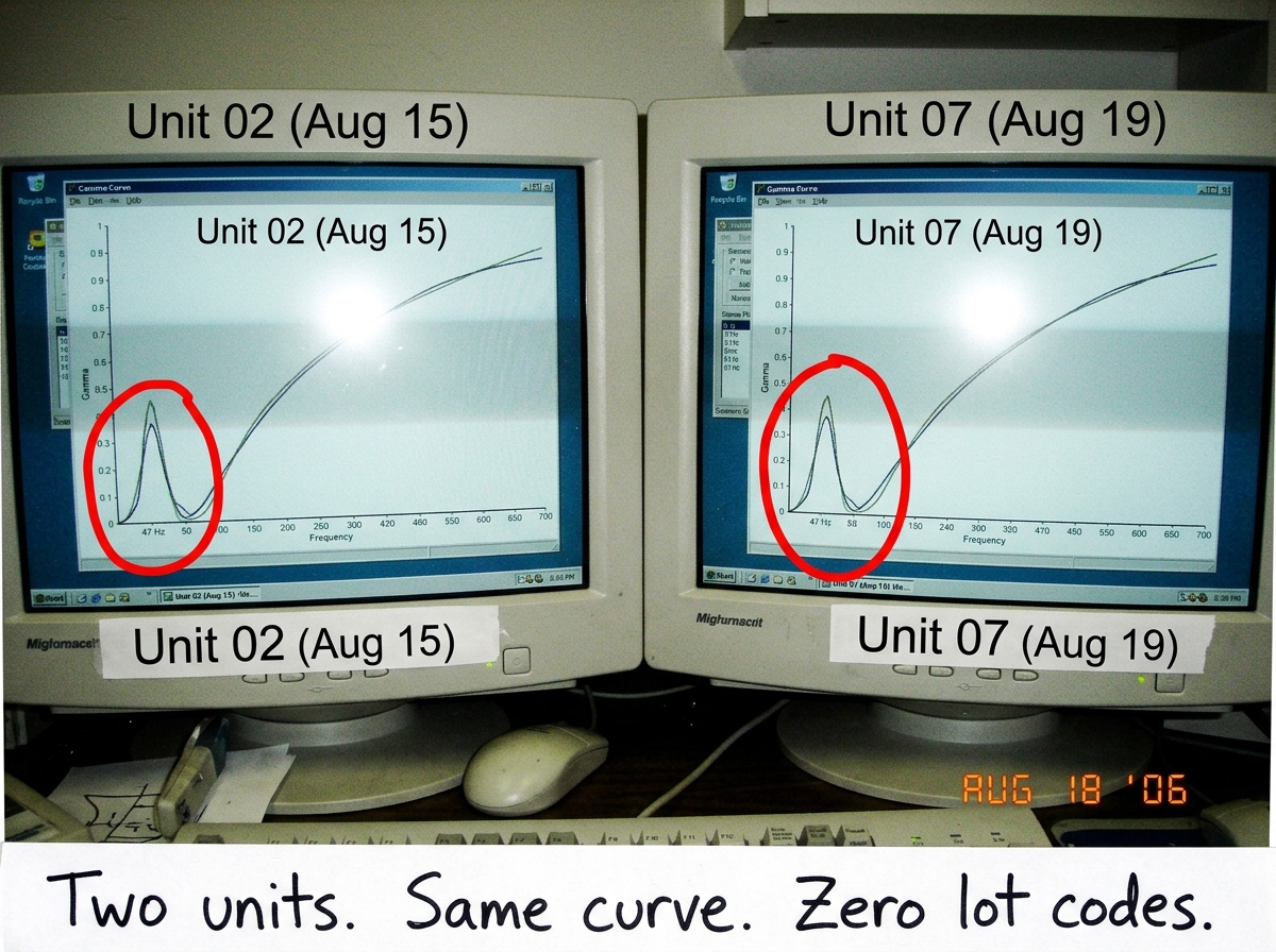 A side-by-side screenshot comparison of two identical gamma curves labeled 'Unit 02 (Aug 15)' and 'Unit 07 (Aug 19)'. The traces overlap perfectly. A red circle highlights the identical peak at 47 Hz. Text at bottom reads: 'Two units. Same curve. Zero lot codes.'