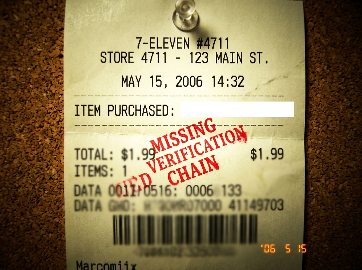 A mocked-up 'receipt' image with the header '7-Eleven #4711' and a blank line where 'ITEM PURCHASED:' should be. A red stamp reads 'MISSING VERIFICATION CHAIN'.