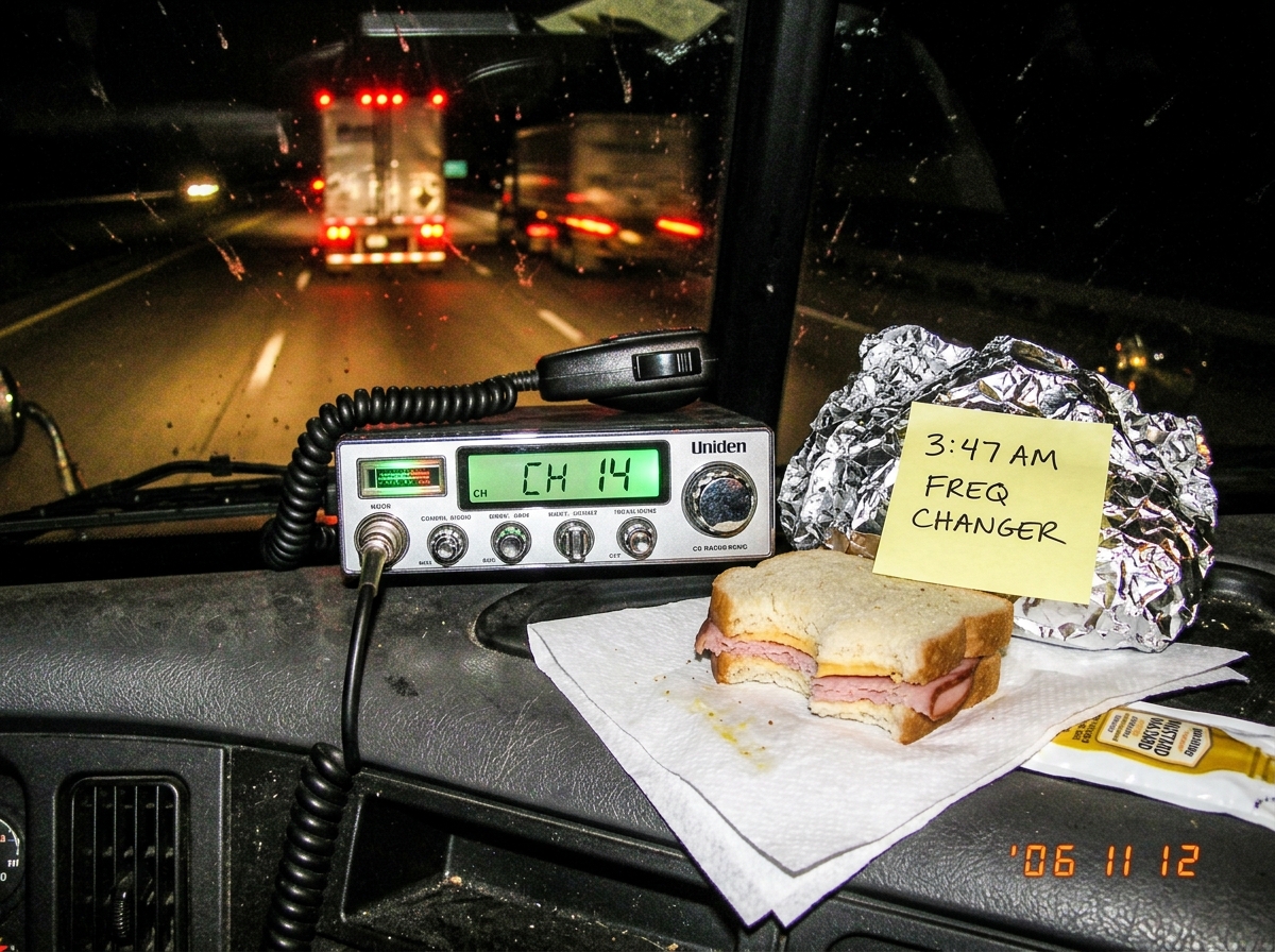 A dashboard CB radio with a half-eaten ham and cheese sandwich on a napkin next to it, the sandwich is wrapped in tinfoil with a sticky note on the foil that says '3:47 AM FREQ CHANGER'. The CB display glows green showing CH 14. Outside the windshield it's dark highway with truck taillights ahead.