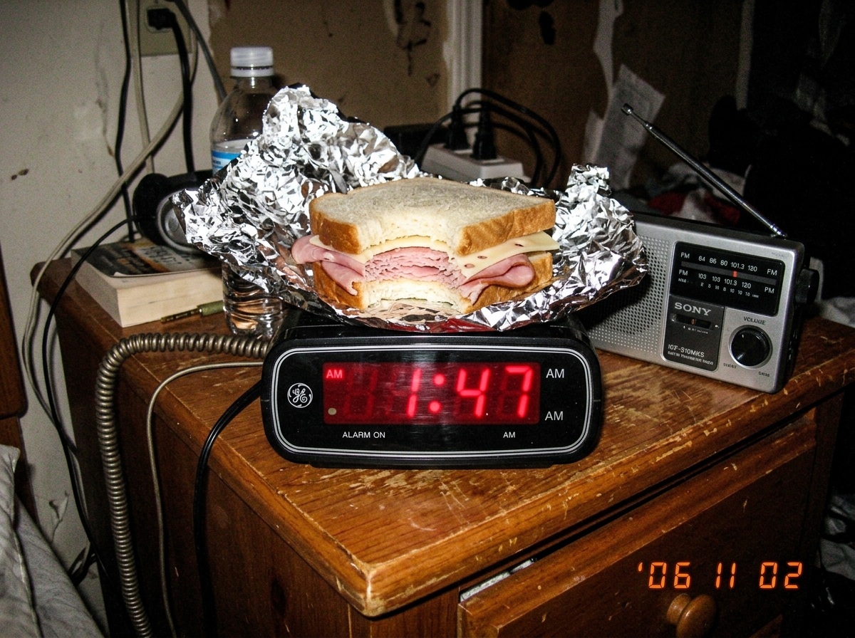 A half-eaten ham sandwich wrapped in foil sitting on an alarm clock showing 1:47 AM next to a small radio