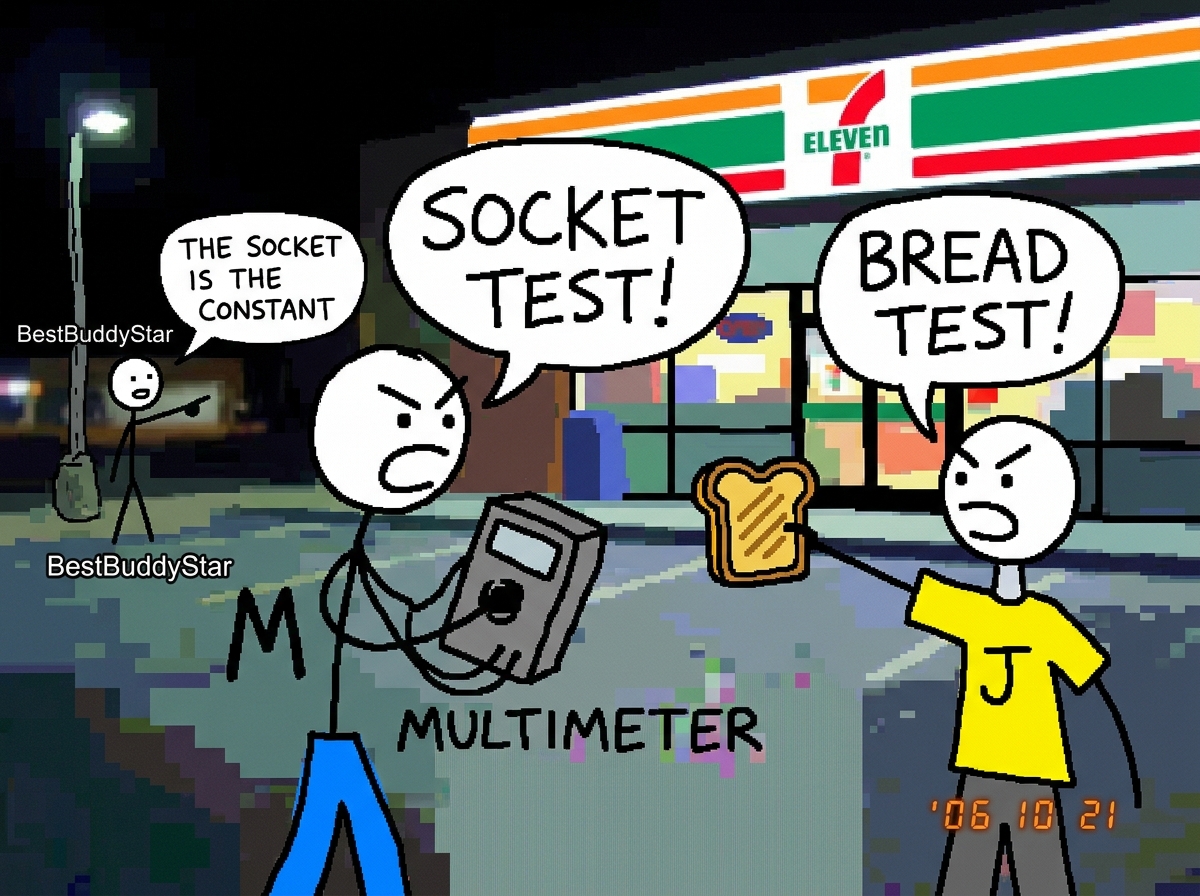 A very crudely drawn MSPaint comic: two stick figures labeled 'M' and 'J' standing in front of a 7-Eleven at night. One is holding a multimeter shouting 'SOCKET TEST!' and the other is holding a grilled cheese sandwich shouting 'BREAD TEST!'. A third stick figure labeled 'BestBuddyStar' is in the ba