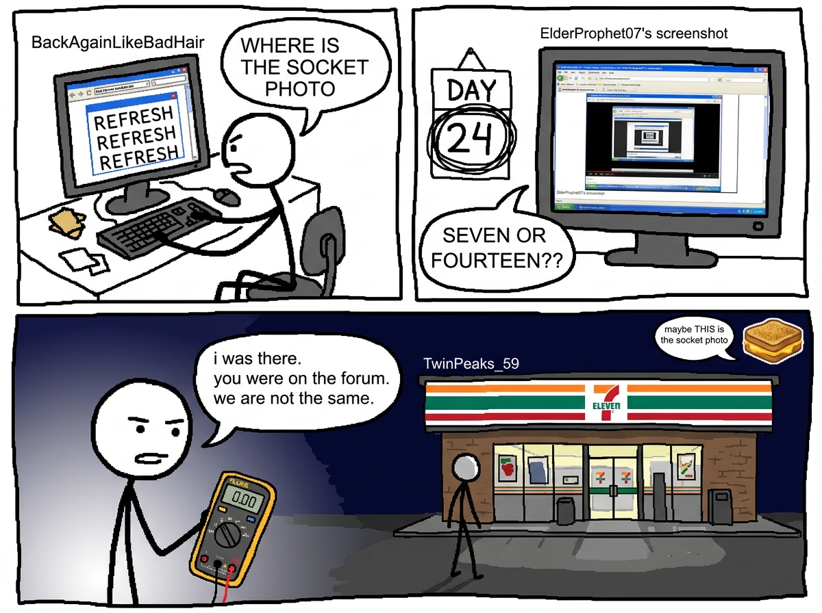 A crudely drawn MSPaint comic strip in three panels. Panel 1: A stick figure labeled 'BackAgainLikeBadHair' is sitting at a computer desk, the monitor shows a web browser with 'REFRESH' written repeatedly. Speech bubble: 'WHERE IS THE SOCKET PHOTO'. Panel 2: The same stick figure now has a larger mo