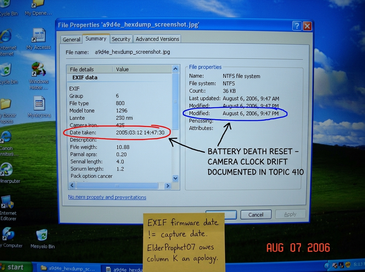 A Windows XP file properties dialog showing the 'Summary' tab for a file named 'a9d4e_hexdump_screenshot.jpg'. The dialog displays two timestamps side by side: a red-circled 'Date taken: 2005:03:12 14:47:30' under the EXIF metadata section, and a blue-circled 'Modified: August 6, 2006, 9:47 PM' unde