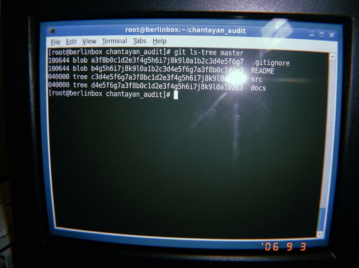 A Linux terminal screenshot showing a git ls-tree command being run on a real repository with a visible path and a SHA hash in the output. The terminal font is small and consistent. The window title bar reads 'root@berlinbox:~/chantayan_audit' and the date in the corner says 2006-09-03. This is what