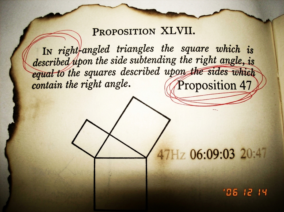 A mock-up of a Euclid's Elements page with a red circle around the text 'Proposition 47' and a timestamp '47Hz 06:09:03 20:47' burned into the paper like a watermark. The page is slightly singed at the edges as if photocopied too many times.