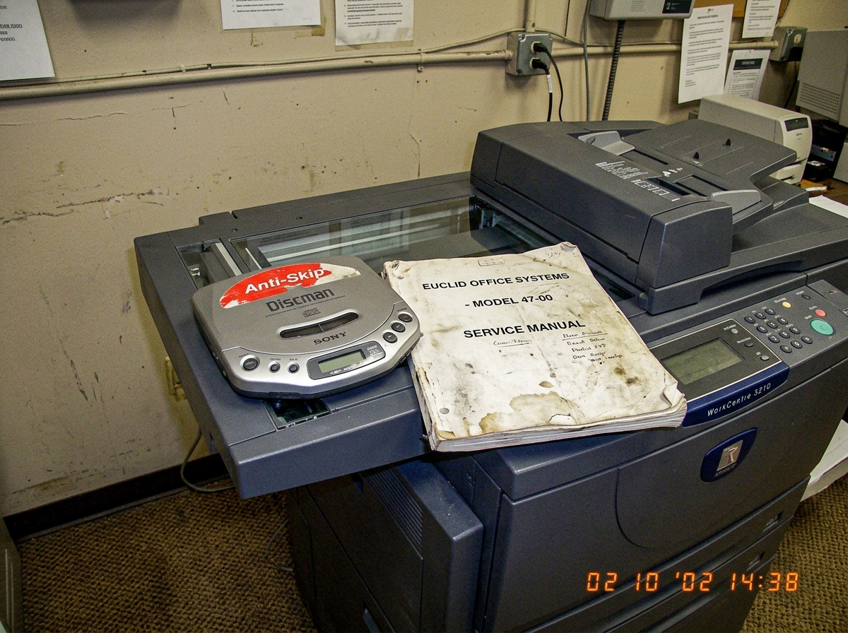A grainy digital photograph from 2002 showing a photocopier room with an industrial machine against a beige wall. On the glass surface of the copier sits a silver Sony Discman D-141 with a worn red 'Anti-Skip' sticker partially peeling off. A scuffed service manual with 'Euclid Office Systems - Mode