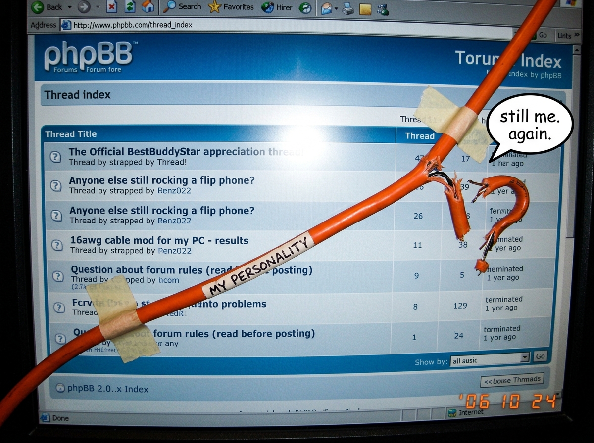 a crudely photoshopped image of BestBuddyStar's famous 16awg extension cord stretched across a forum thread index page. The cord is labeled 'MY PERSONALITY' and has a frayed end shaped like a question mark. The background is a phpBB forum page with multiple thread titles visible, each with the exten