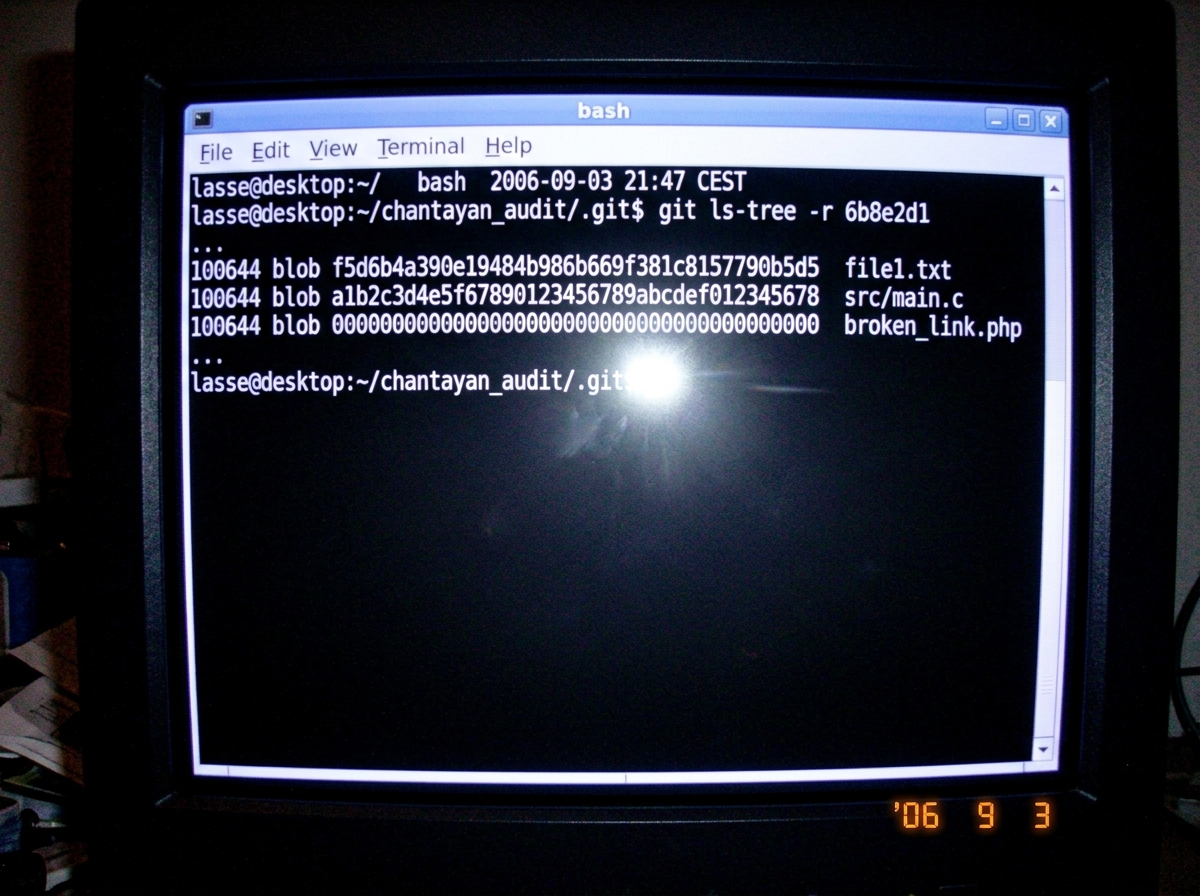 A Linux terminal screenshot showing the actual git ls-tree output for commit 6b8e2d1. The first two rows (row_45 and row_46) show real SHA hashes. The third row (row_47) shows all zeros - 0000000000000000000000000000000000000000. The path is visible: /home/lasse/chantayan_audit/.git. The terminal da