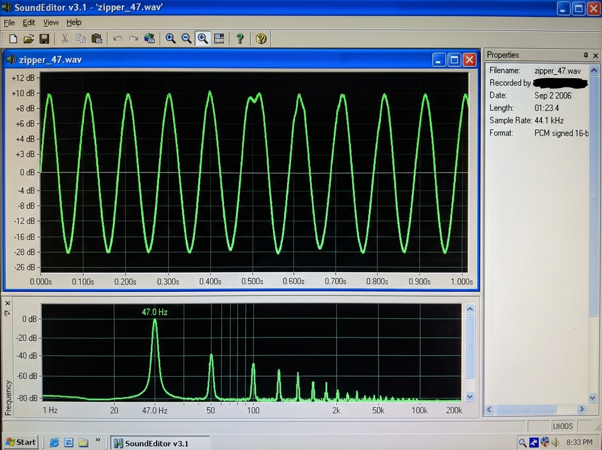 A screenshot of a waveform audio editor showing a recording labeled 'zipper_47.wav', displaying a 47Hz sine wave with slight distortion. The waveform window shows a clean frequency peak at 47.0Hz on the spectrum analyzer. The file metadata shows 'recorded by redacted Sep 2 2006'