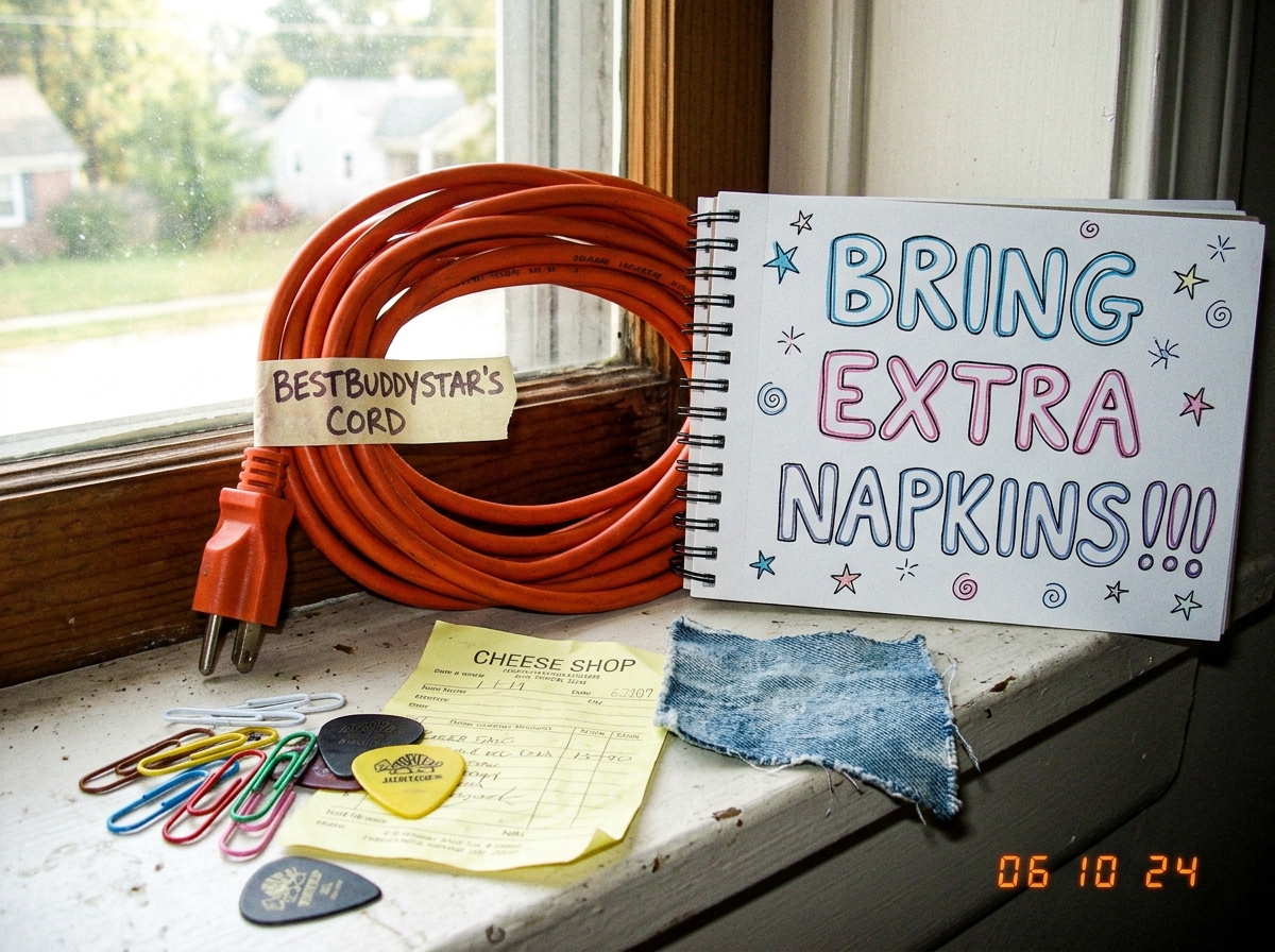A photo of BestBuddyStar's 16AWG extension cord coiled next to her notebook that says 'bring extra napkins!!!' in bubble letters, with a small shrine of paperclips, guitar picks, cheese receipt, and denim swatch arranged on a windowsill with morning light.