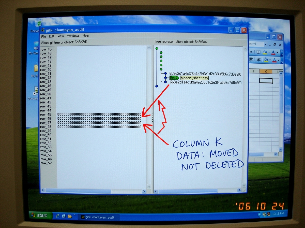 A screenshot of a Git repository browser (gitk or similar) split into two panels. The left panel shows tree 6b8e2d1 with rows listed vertically - row_45, row_46, row_47 showing 0000000000000000000000000000000000000000. The right panel shows tree 8c3f9a4 with a single entry at position 0x47 labeled '