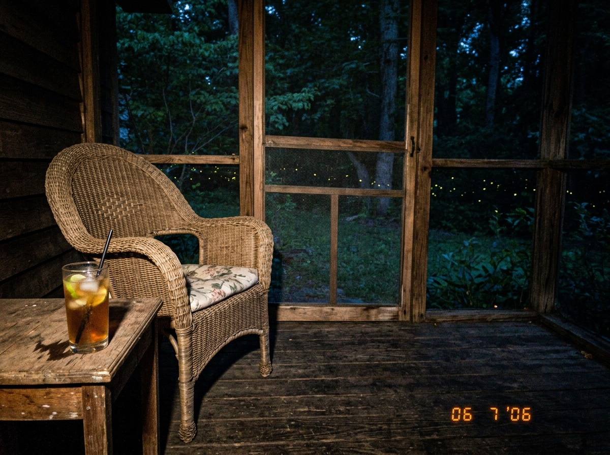 a dimly lit wooden porch at dusk, a wicker chair, a glass of iced tea sweating on a small side table, fireflies just starting to show in the yard beyond the screen door