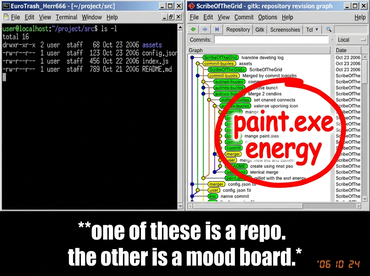 A side-by-side comparison image. Left side: EuroTrash_Herr666's terminal screenshot showing clean ls-tree output with visible path and date. Right side: ScribeOfTheGrid's gitk screenshot with a red circle around it reading 'paint.exe energy'. Bottom text: 'one of these is a repo. the other is a mood