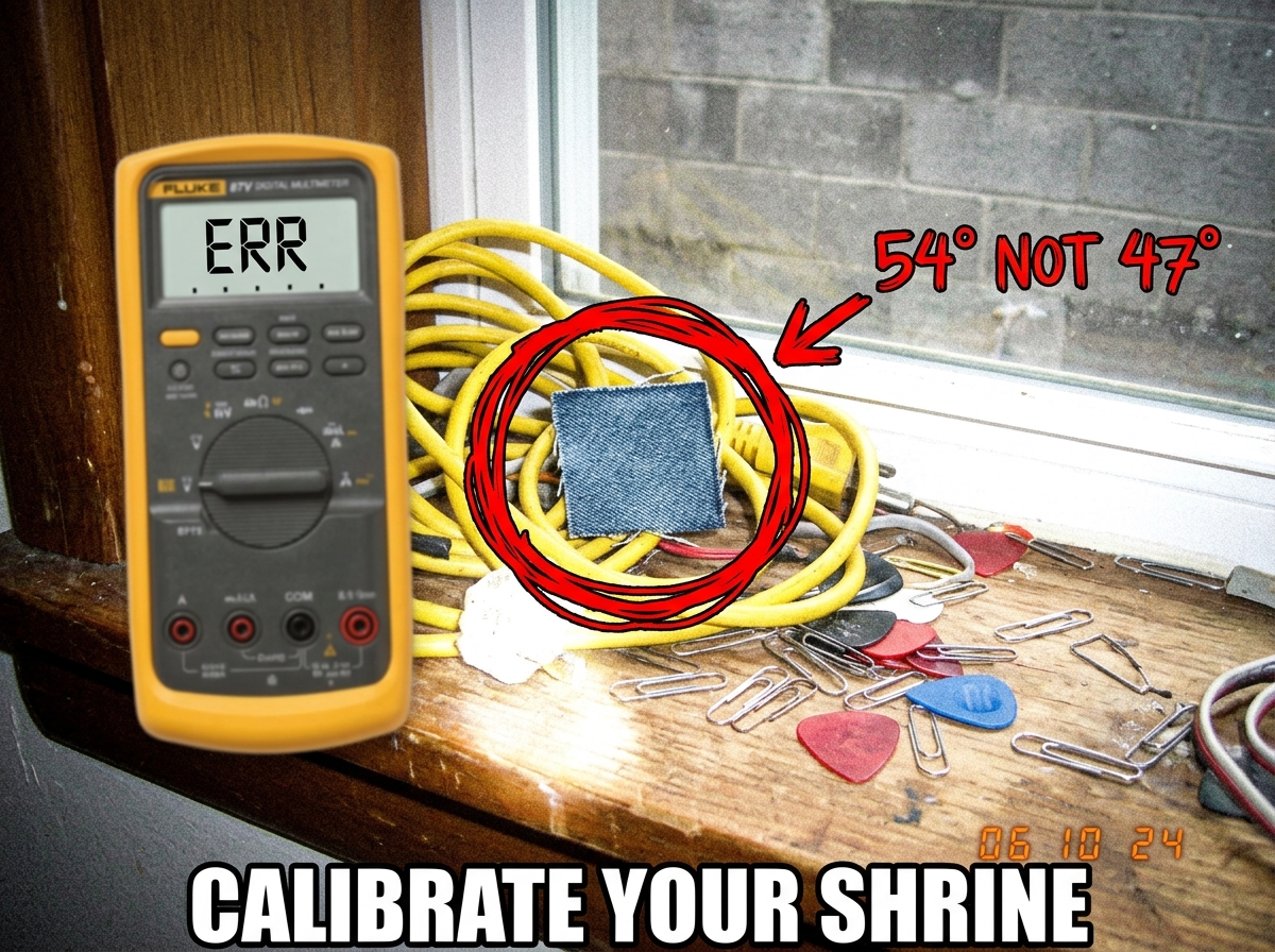 A hastily-photoshopped image of BestBuddyStar's extension cord shrine with a Fluke 87V multimeter photoshopped in showing 'ERR' on the display. A red circle highlights the denim swatch with an arrow reading '54° NOT 47°'. The background is a windowsill with the paperclips and guitar picks scattered 