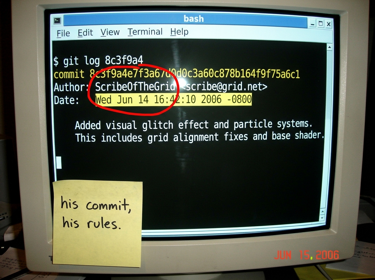A screenshot of a terminal showing 'git log 8c3f9a4' with author 'ScribeOfTheGrid' and timestamp highlighted. A red circle around the author field. A sticky note says 'his commit, his rules.'