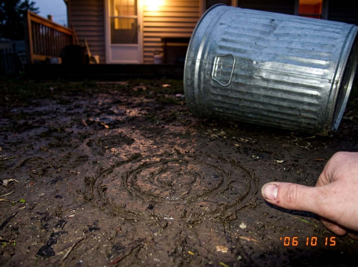 A camera phone photo of a dirt patch underneath a tipped-over metal trash can at dusk. A spiral pattern is scratched into the damp mud showing roughly 4.5 rotations. A thumb is placed next to it for scale. The trash can is visible at the edge of frame. A yellow porch light illuminates the scene.