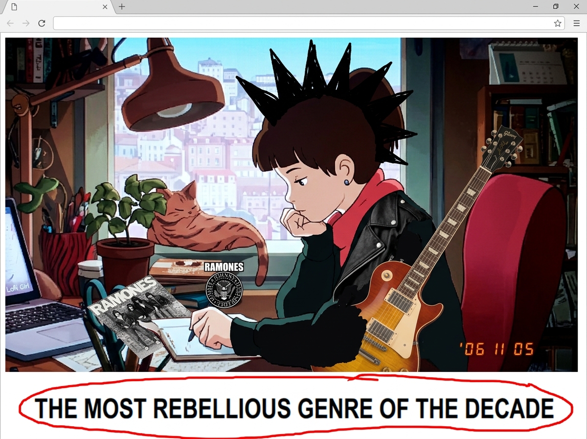 A crudely photoshopped image of the classic 'lofi girl studying' anime thumbnail, but someone has photoshopped a leather jacket and a mohawk onto her, and she's holding a Gibson Les Paul instead of a notebook. The books on the desk have been replaced with vinyl records and a Ramones sticker. The tex