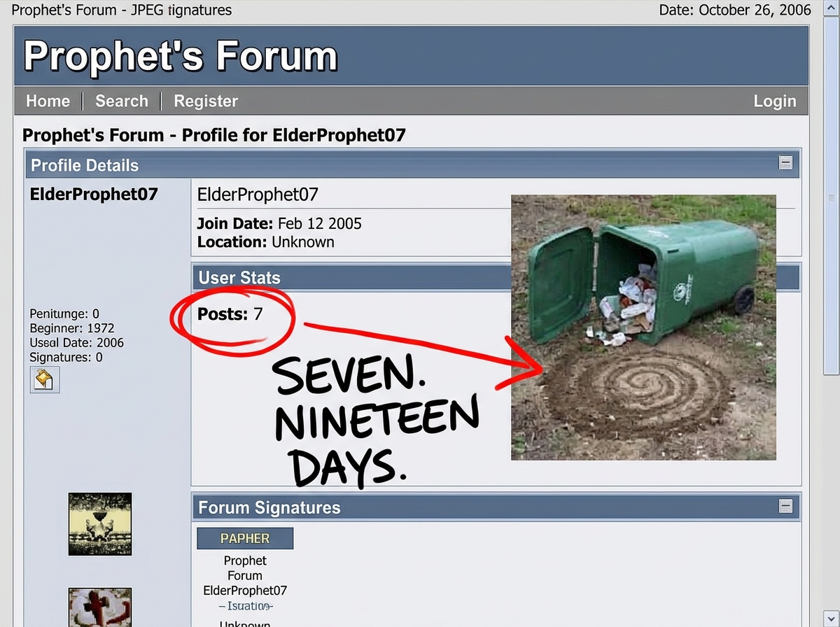A screenshot of ElderProphet07's forum profile page showing 'Posts: 7' inside a hand-drawn red circle, next to a photo of a tipped-over garbage can with a spiral pattern scratched in the dirt underneath, with a red arrow pointing from the 'Posts: 7' to the spiral and the words 'SEVEN. NINETEEN DAYS.
