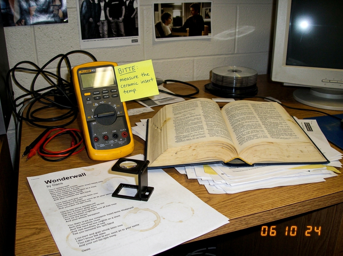 A photo of a dorm-room desk with a German-English dictionary open, a Fluke 87V multimeter, and a linen tester resting on top of a printed lyric sheet. A sticky note reads 'BITTE: measure the ceramic insert temp.'